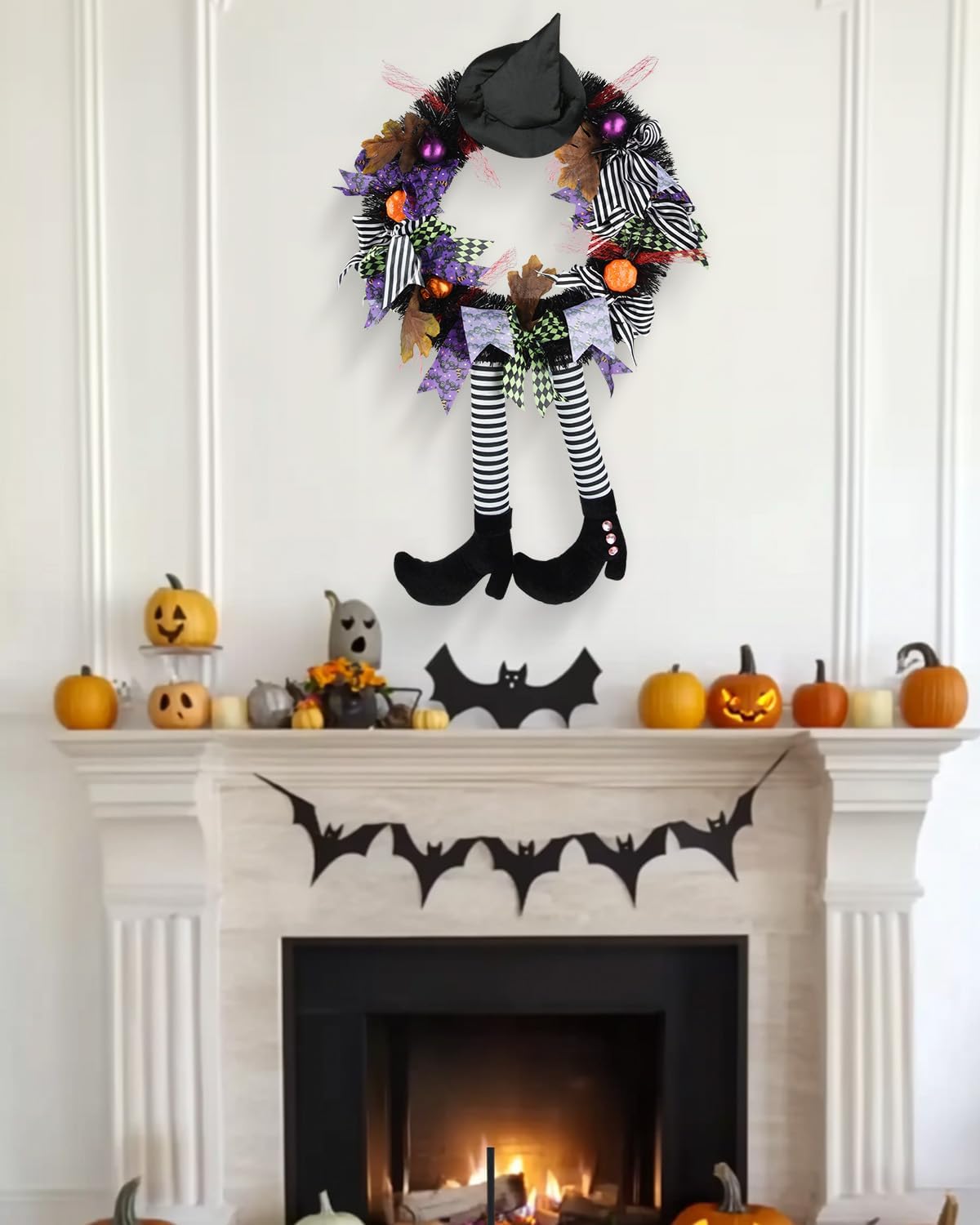 Halloween Witch Wreath Front Door Decor Black Wreath with Hat and Legs