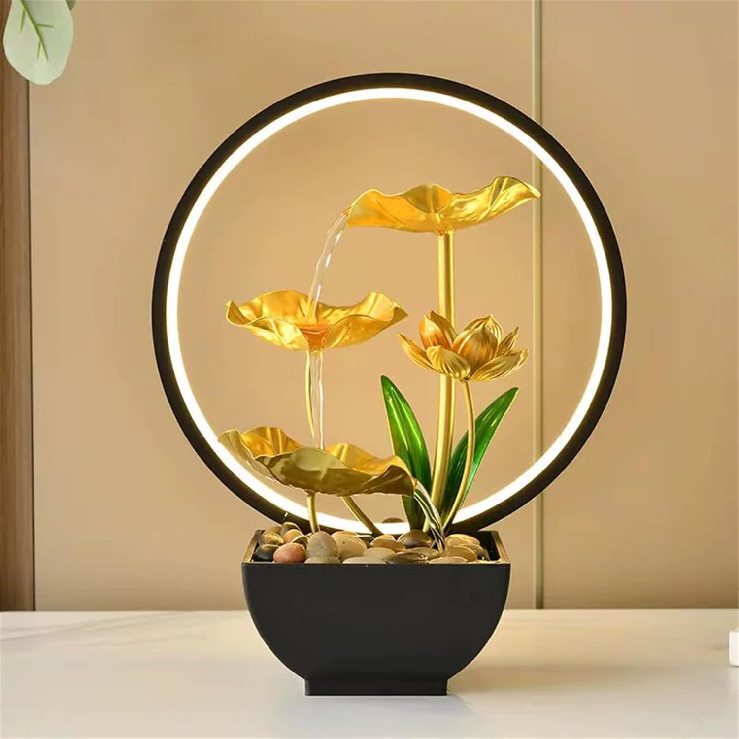 Gold Lotus Waterfall Fountain with LED Light USB Powered Tabletop Zen Fountain