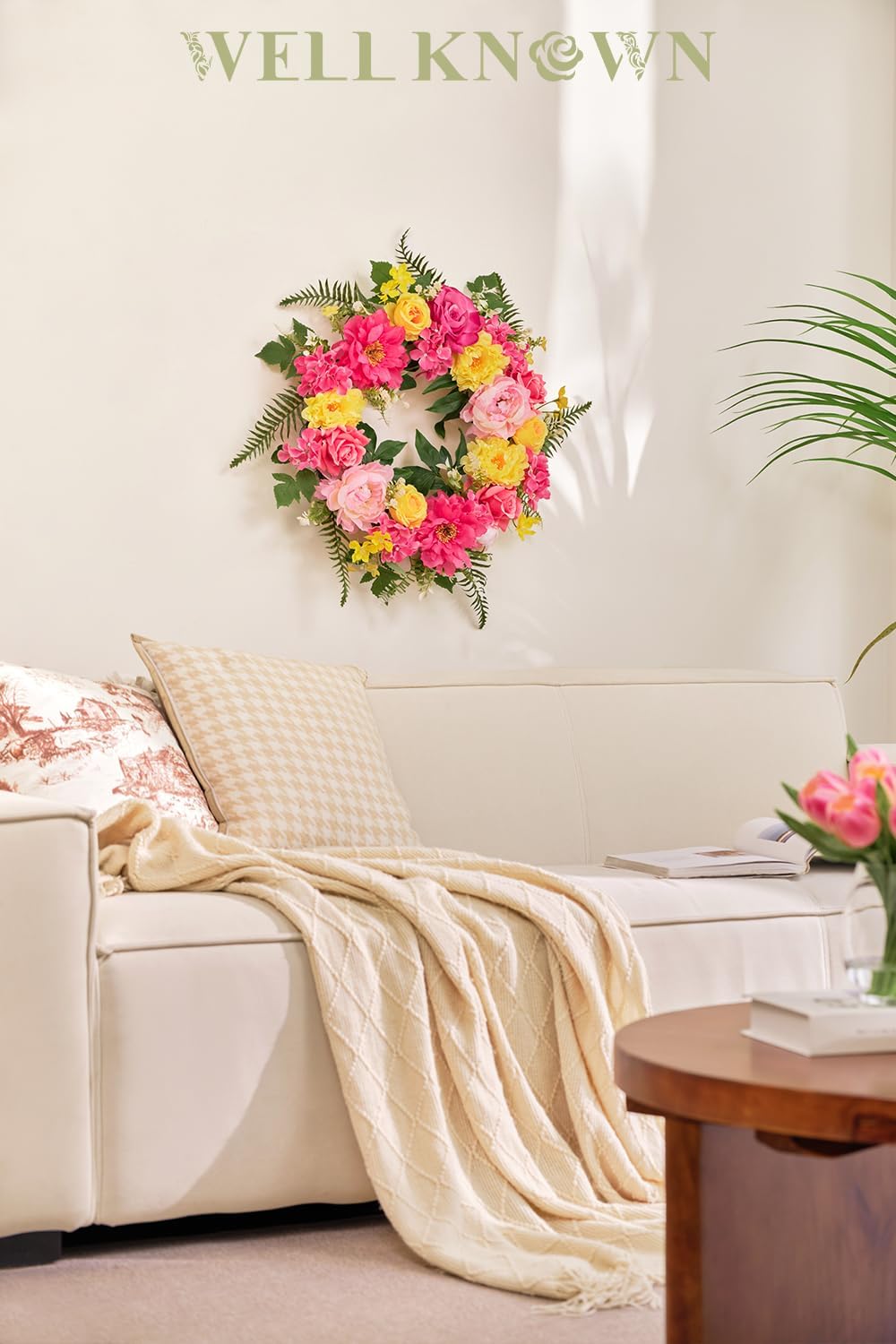 Bright Spring Wreath for Front Door with Peonies and Roses