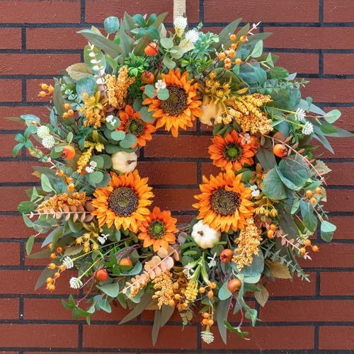 24 Inch Fall Door Wreath with Sunflowers and Berries