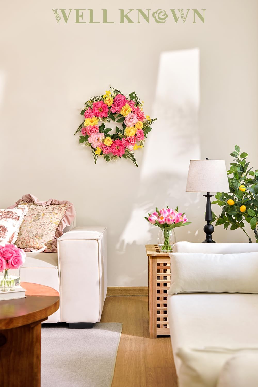 Bright Spring Wreath for Front Door with Peonies and Roses