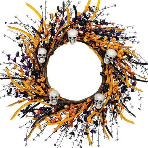 Black Halloween Wreath with Skulls and Candy Berries
