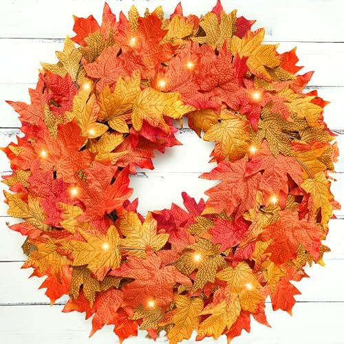26 Inch Foldable Fall Wreath with Timer and Lights