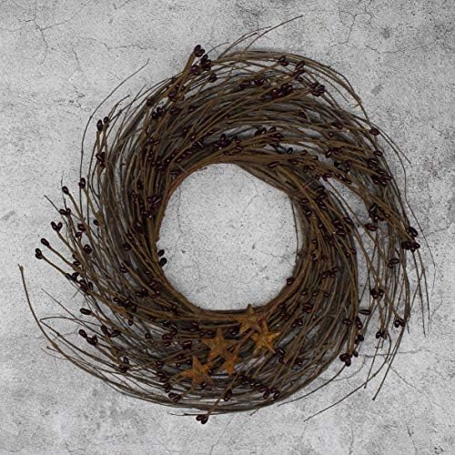 Primitives Rustic Wreath with Barn Stars and Berries 12 Inch Burgundy
