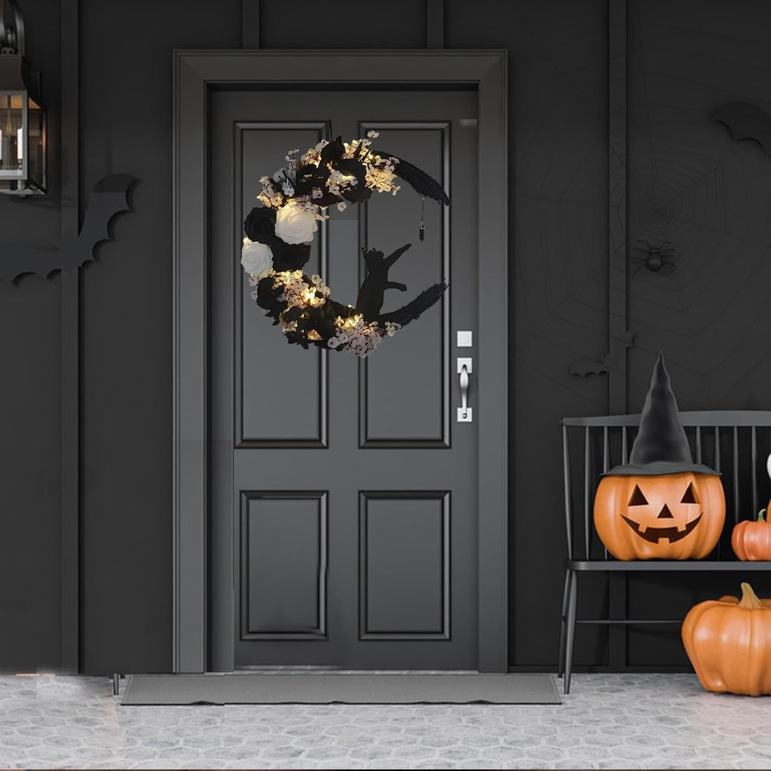 Moon Black Cat Halloween Wreath with Lights