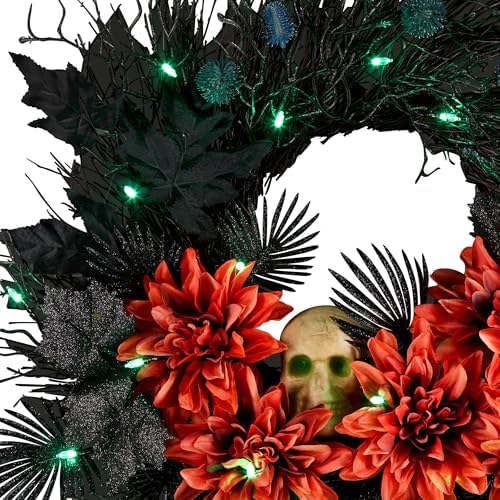 National Tree Company 24 Inch Artificial Halloween Wreath with Orange Florals and White Skull
