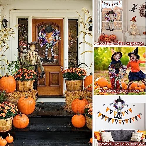 Halloween Witch Wreath Front Door Decor Black Wreath with Hat and Legs