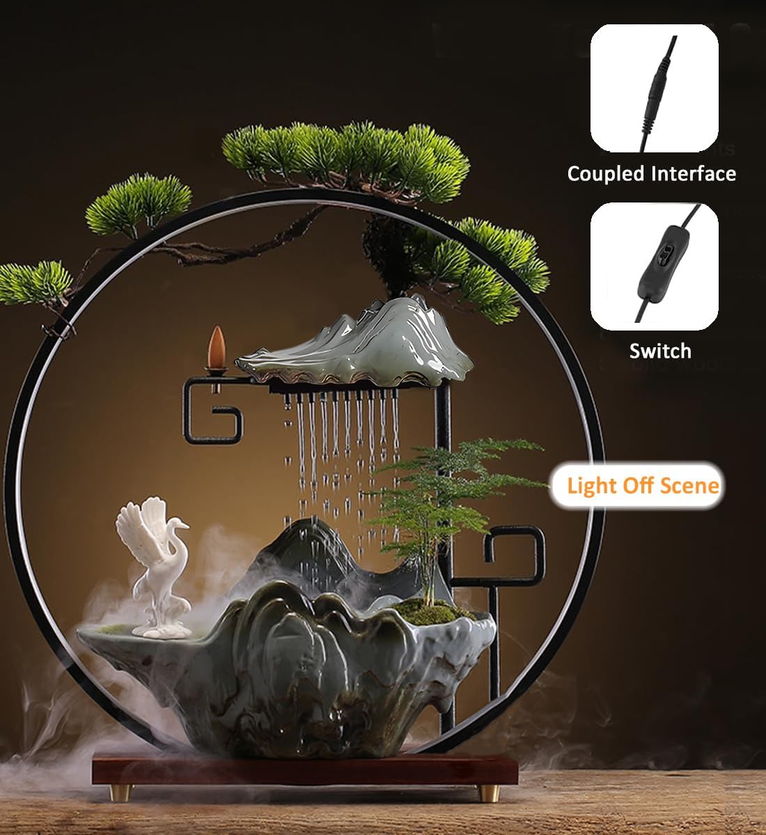 CIFUPUQU Crane Tabletop Water Fountain with Mist and LED Light