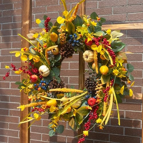 24 Inch Fall Wreath with Yellow White Pumpkins Red Berries Eucalyptus Pinecones