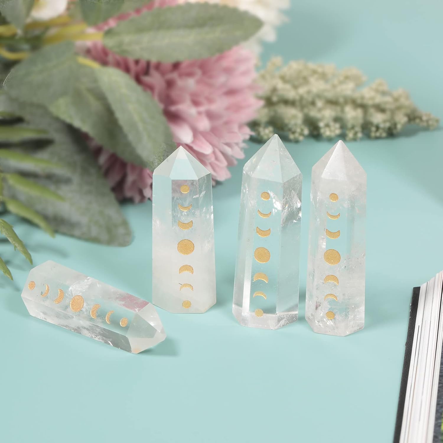 Set of 7 Engraved Moon Phase Crystal Wand Stones for Meditation and Home Decor