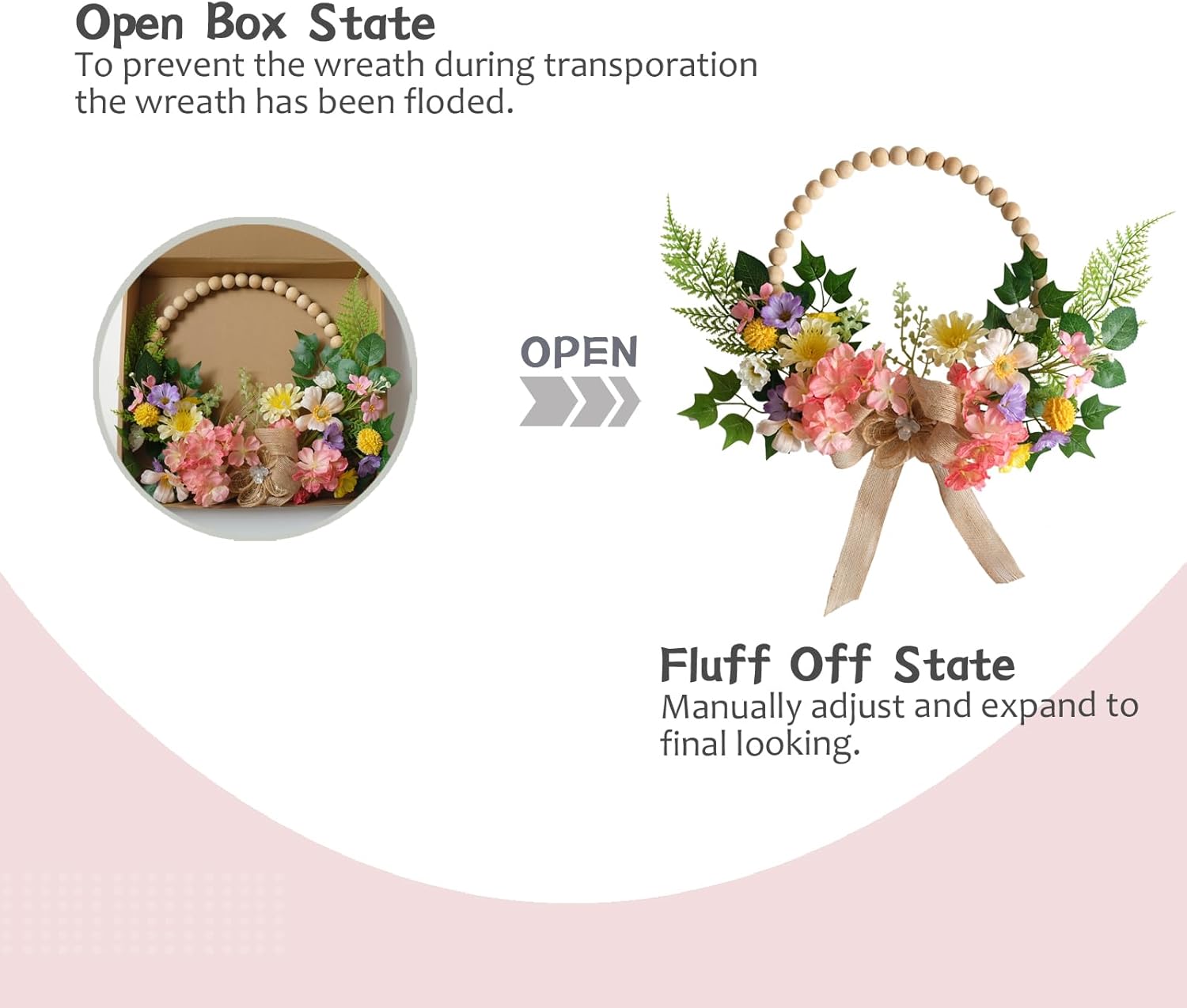 TEMPUS 16 Inch Artificial Spring Wooden Bead Wreath with Flower Bow Summer Hydrangea Wreath Home Decorations