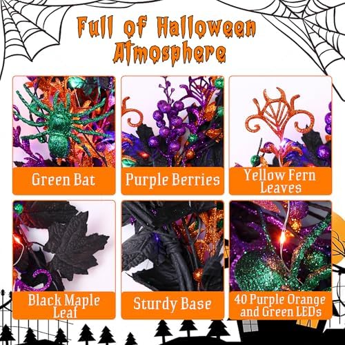 Enhon 40 LED Halloween Wreath 16 Inch Glitter Maple Leaf Style