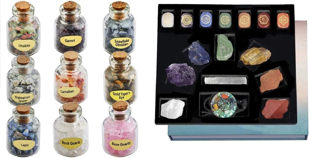 Mookaitedecor Bundle - 2 Items Chakra Healing Stones Mini Glass Wishing Bottles Set