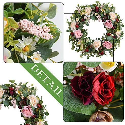 WANNA-CUL 24 Inch Spring Rose Wreath for Front Door Decor