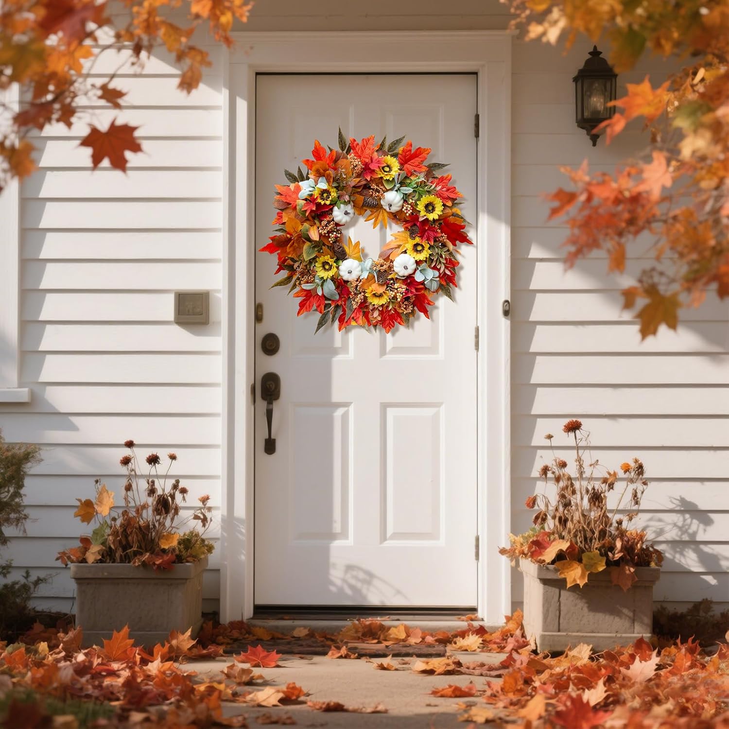 Fall Wreaths for Front Door 24 Inch Autumn Decor with Pumpkins Maple Leaves Wildflowers Berries