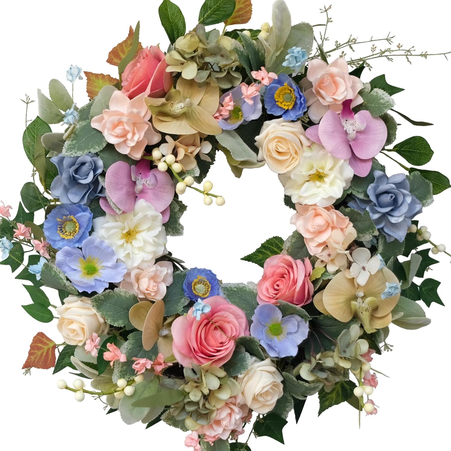 22 Inch Artificial Flower Wreath with Roses Orchid Gardenia Hydrangea