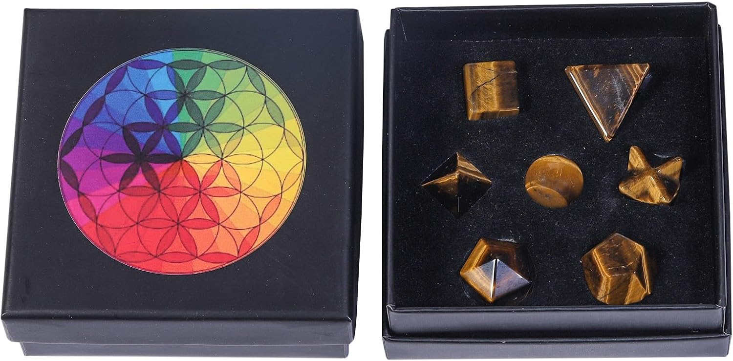Rockcloud Tigers Eye Platonic Solids Sacred Geometry Set 7 Pieces for Healing Meditation