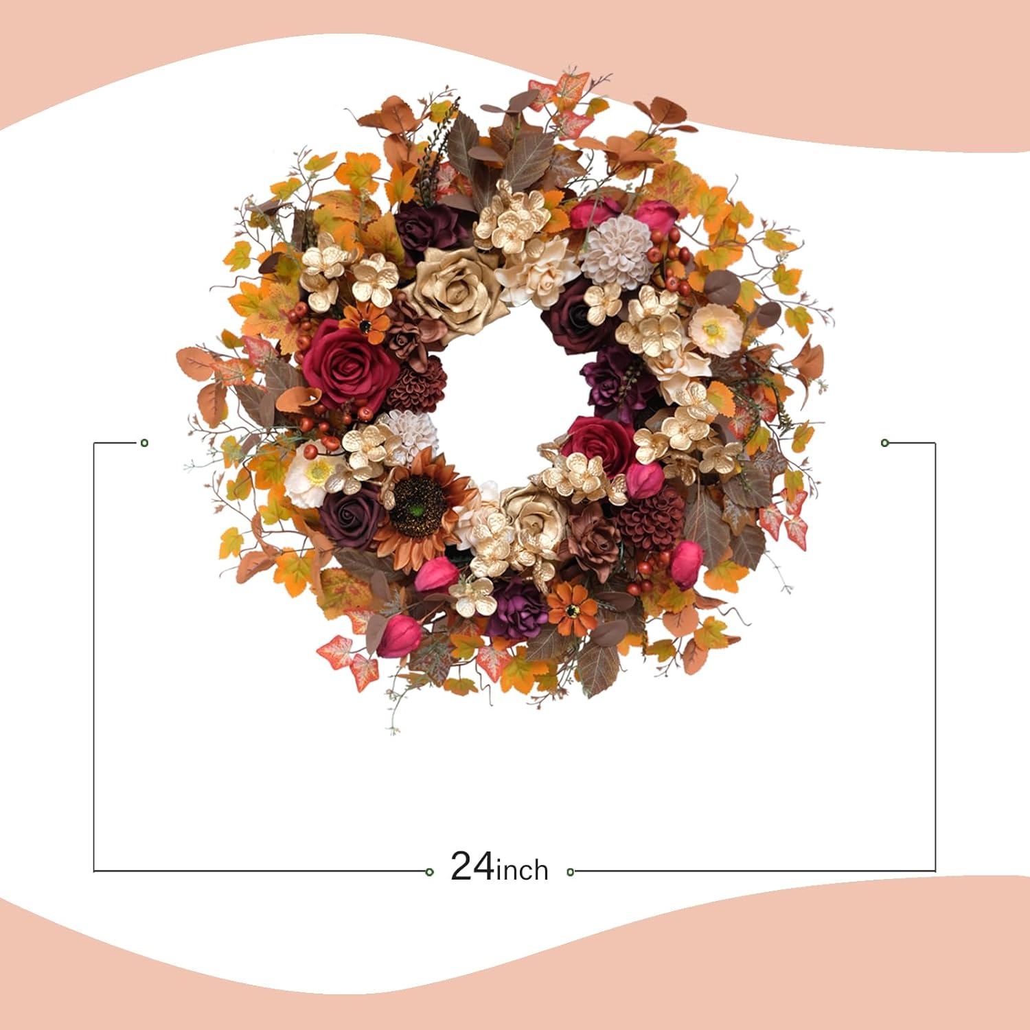 TEMPUS 24 Inch Artificial Fall Wreath - Red Gold Rose Floral Decor for Front Door Thanksgiving Harvest Wall Hanging