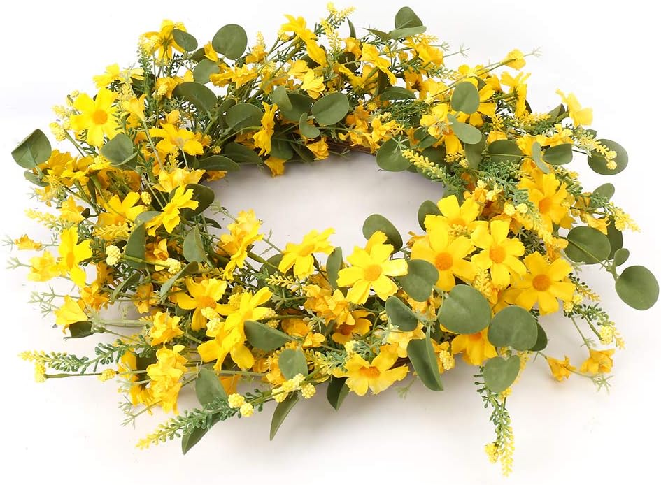 JFLORU 22 Inch Yellow Daisy Spring Wreath for Front Door and Home Decor
