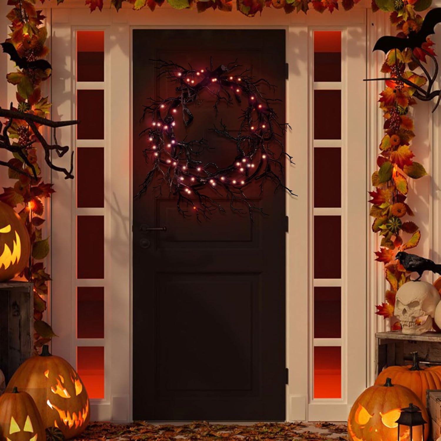Glitter Black Branch Halloween Wreath with Red Lights