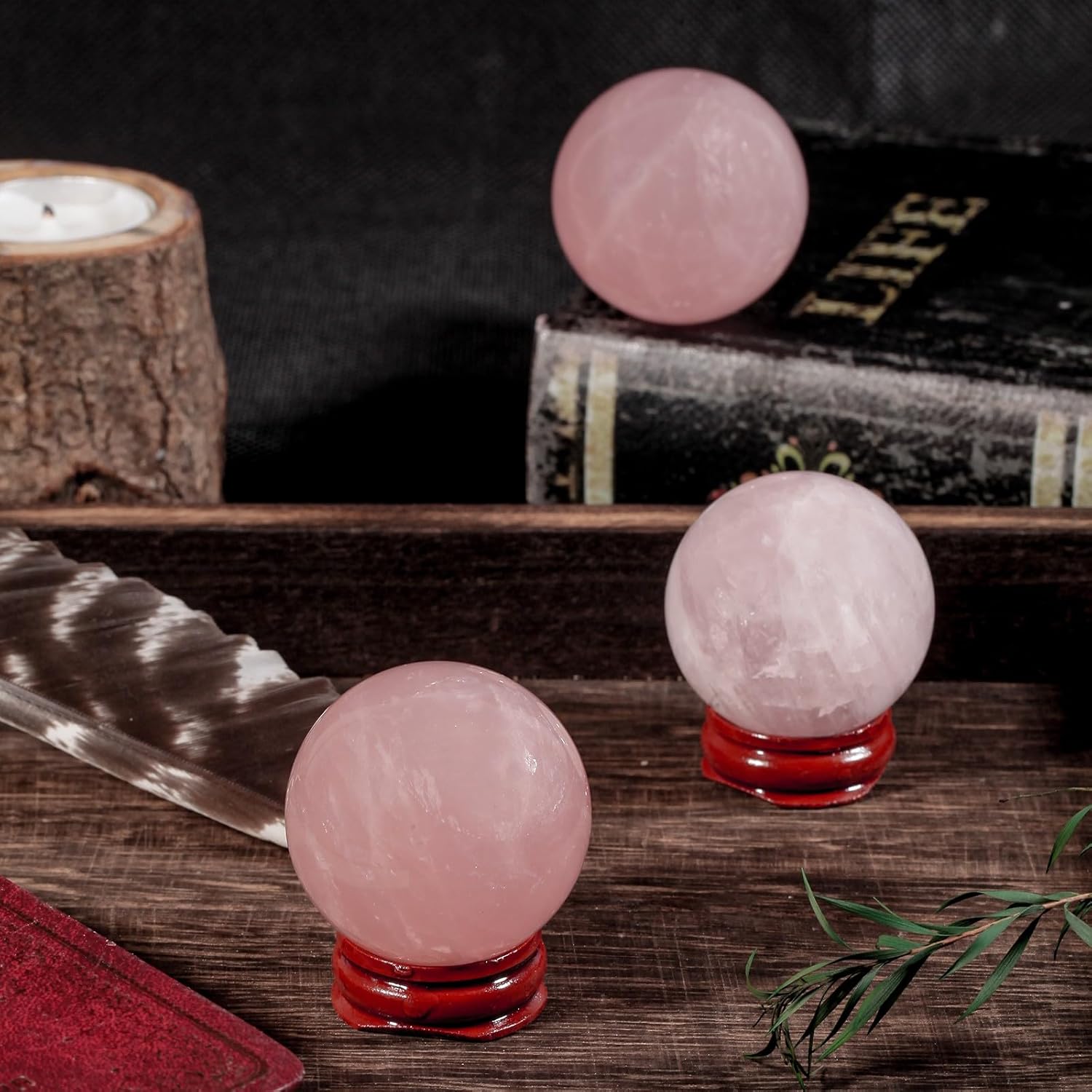 TUMBEELLUWA Rose Quartz Crystal Ball with Wood Stand