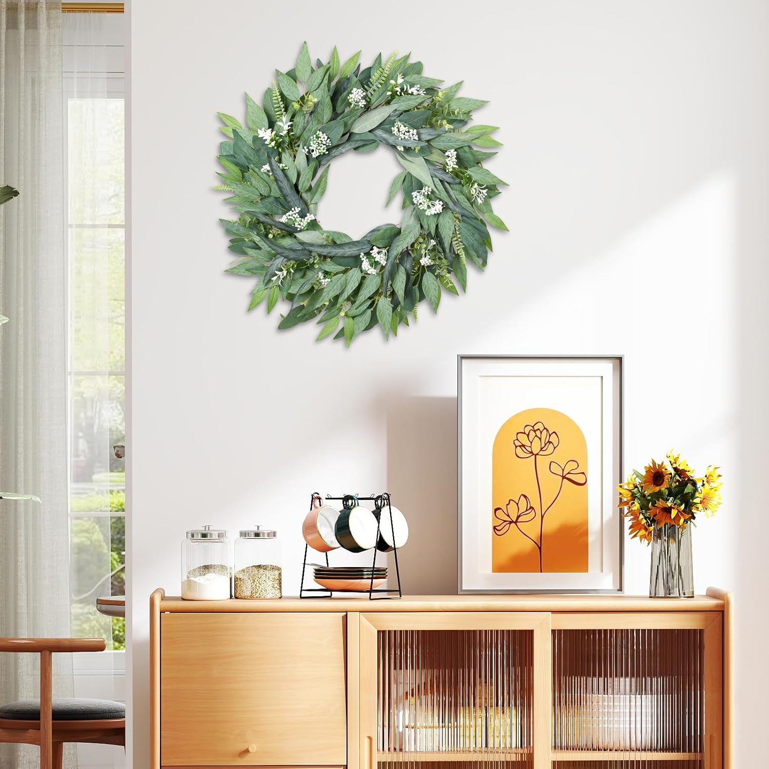 24 Artificial Leaf Wreath with Hook - Decor for Front Door Wall Wedding Party Green