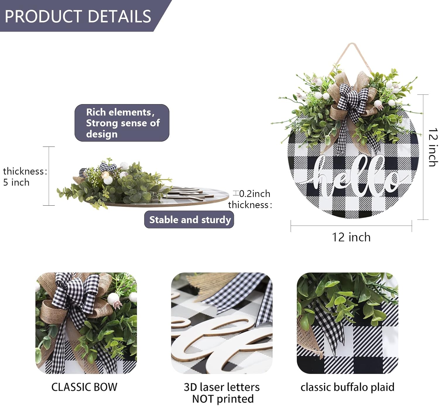 Vofuly Buffalo Plaid Door Wreath 12 Inch Farmhouse Decor