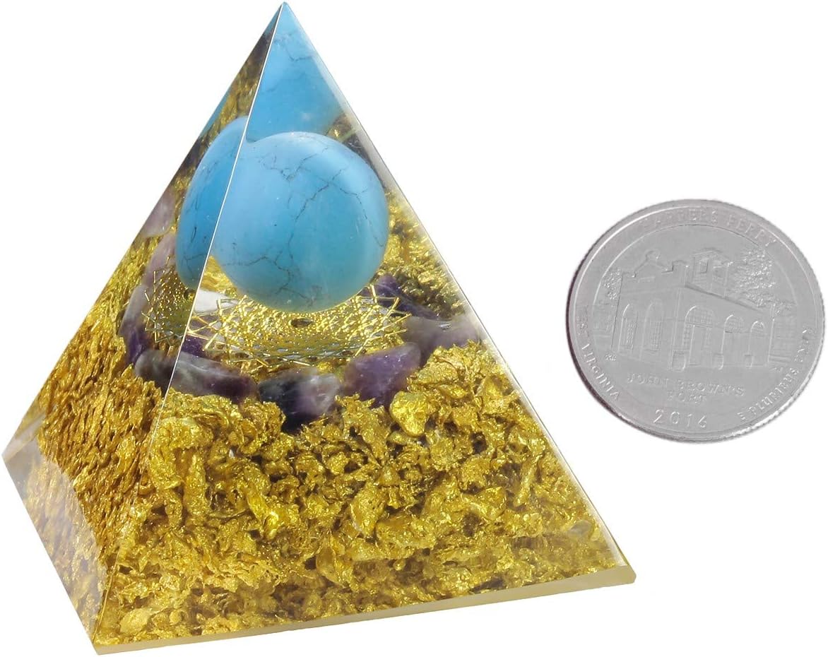 Blue Howlite Turquoise Crystal Orgone Pyramid with Amethyst and Crown Chakra Symbol