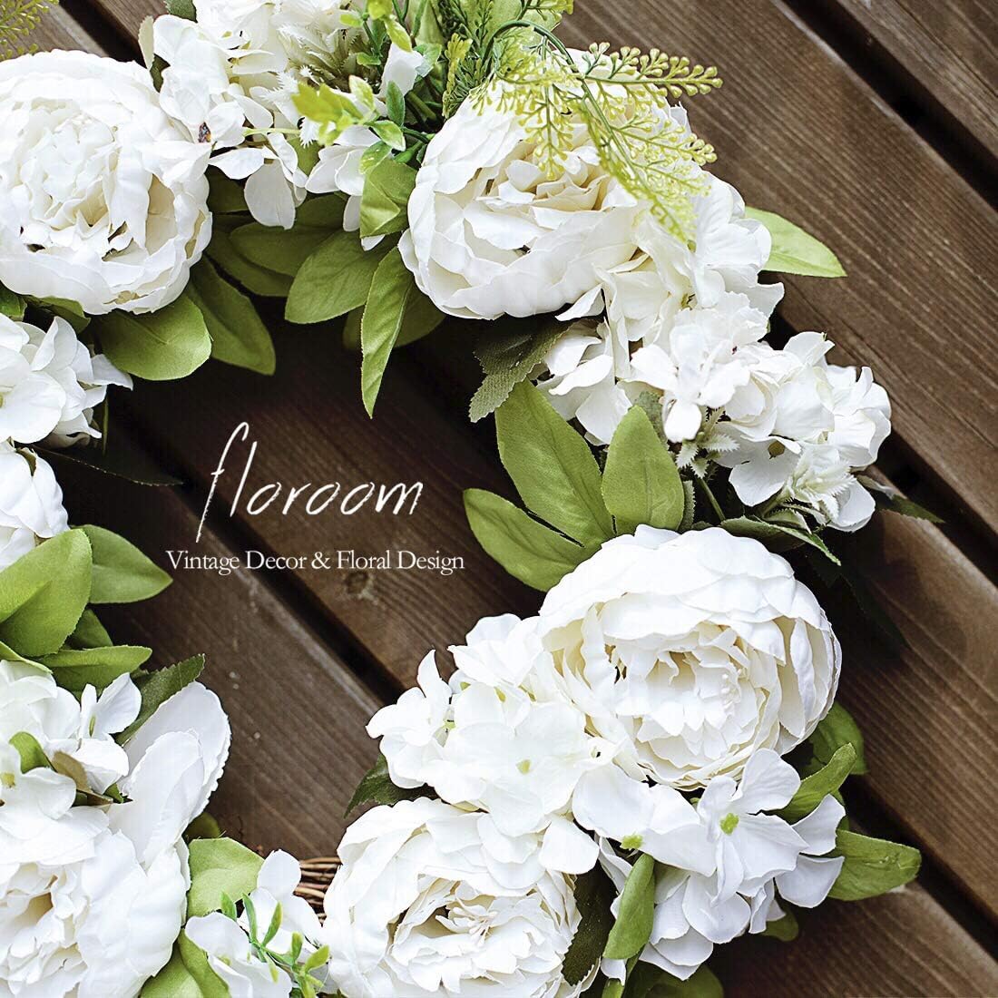 Floroom Artificial White Peony Wreath 15-16 Inches