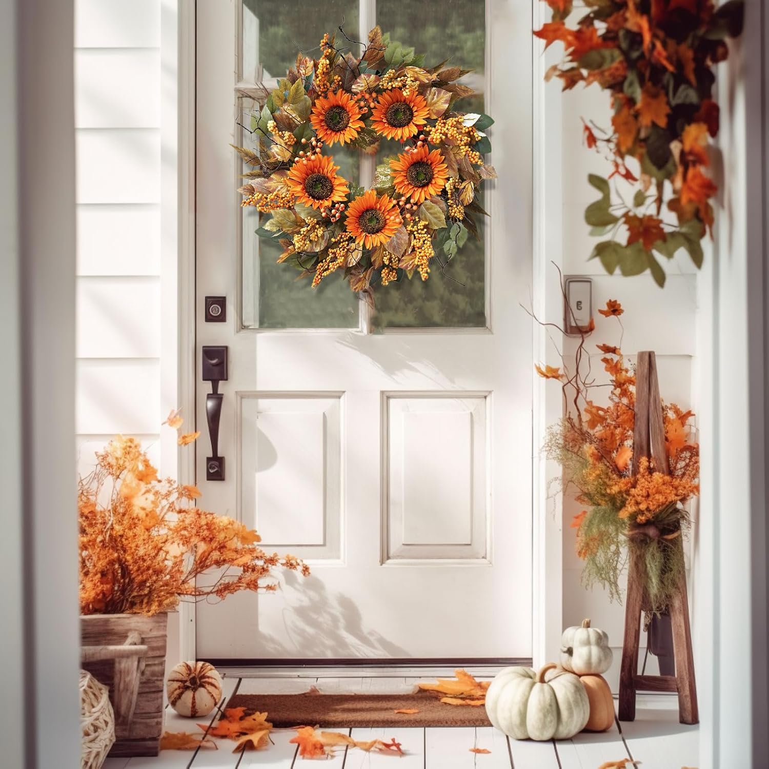 22 Inch Fall Door Wreath with Sunflowers and Leaves
