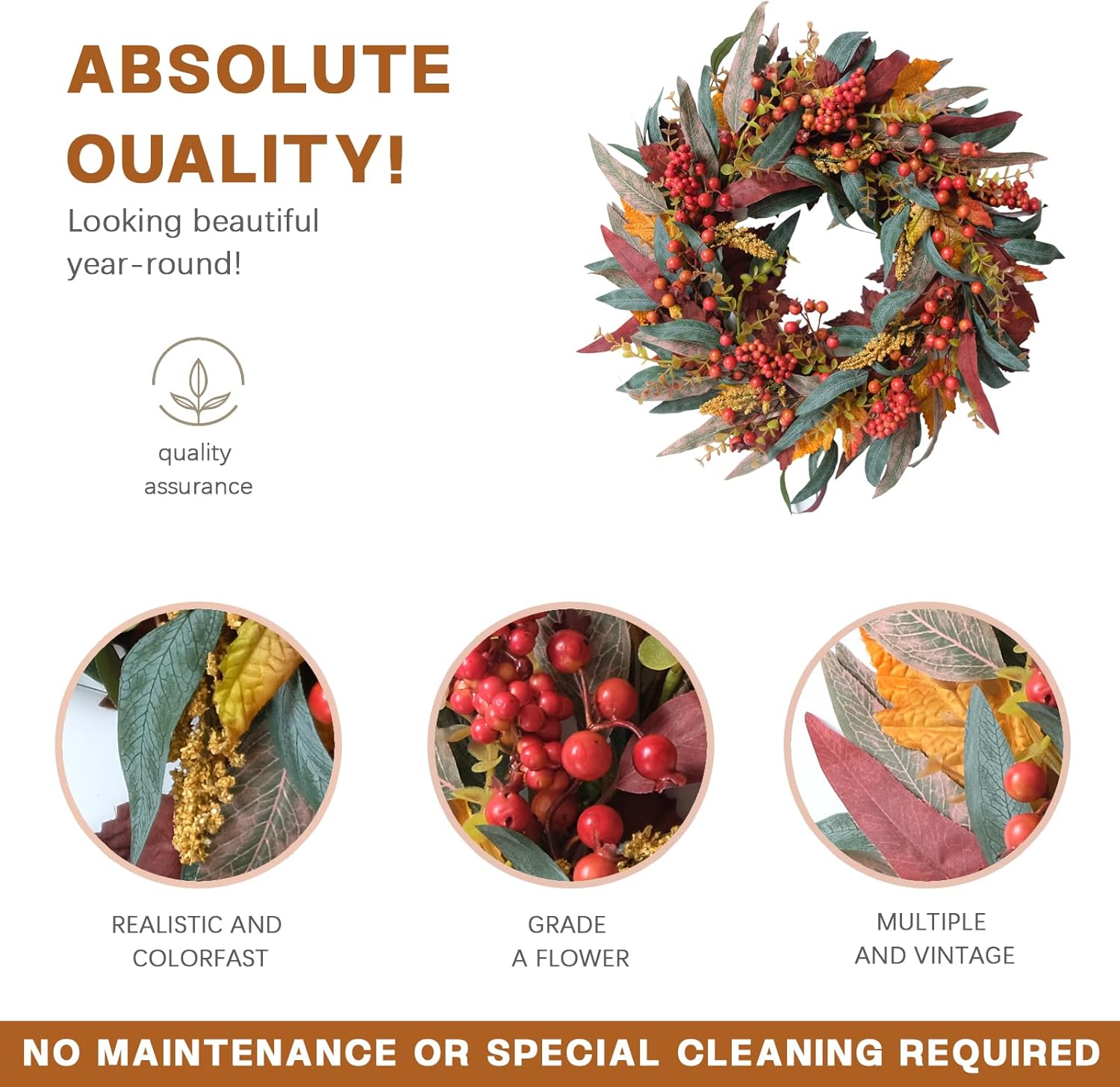 TEMPUS 22 Inch Fall Wreath Artificial Berry Willow Leaf Door Decoration