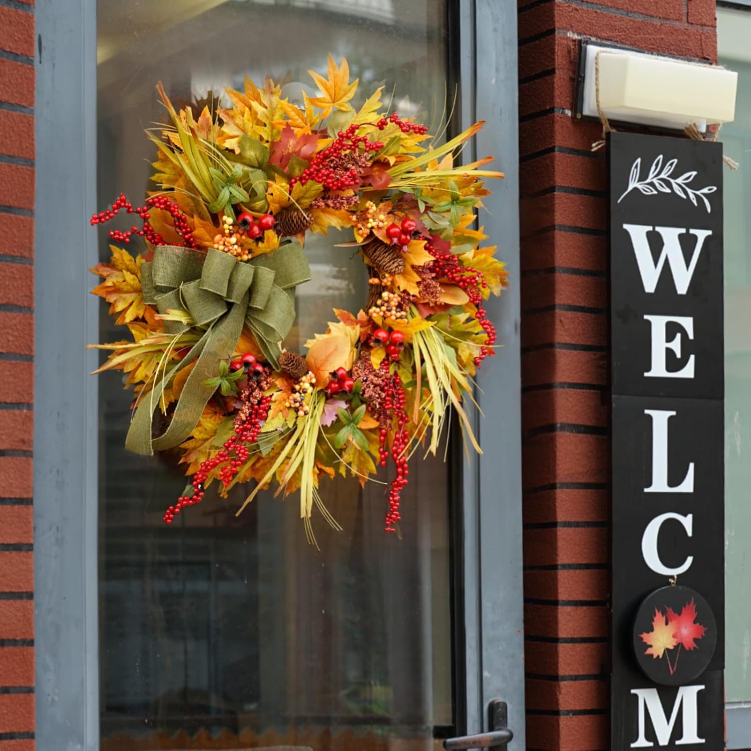24 Inch Artificial Autumn Door Wreath with Green Bow and Maple Leaves