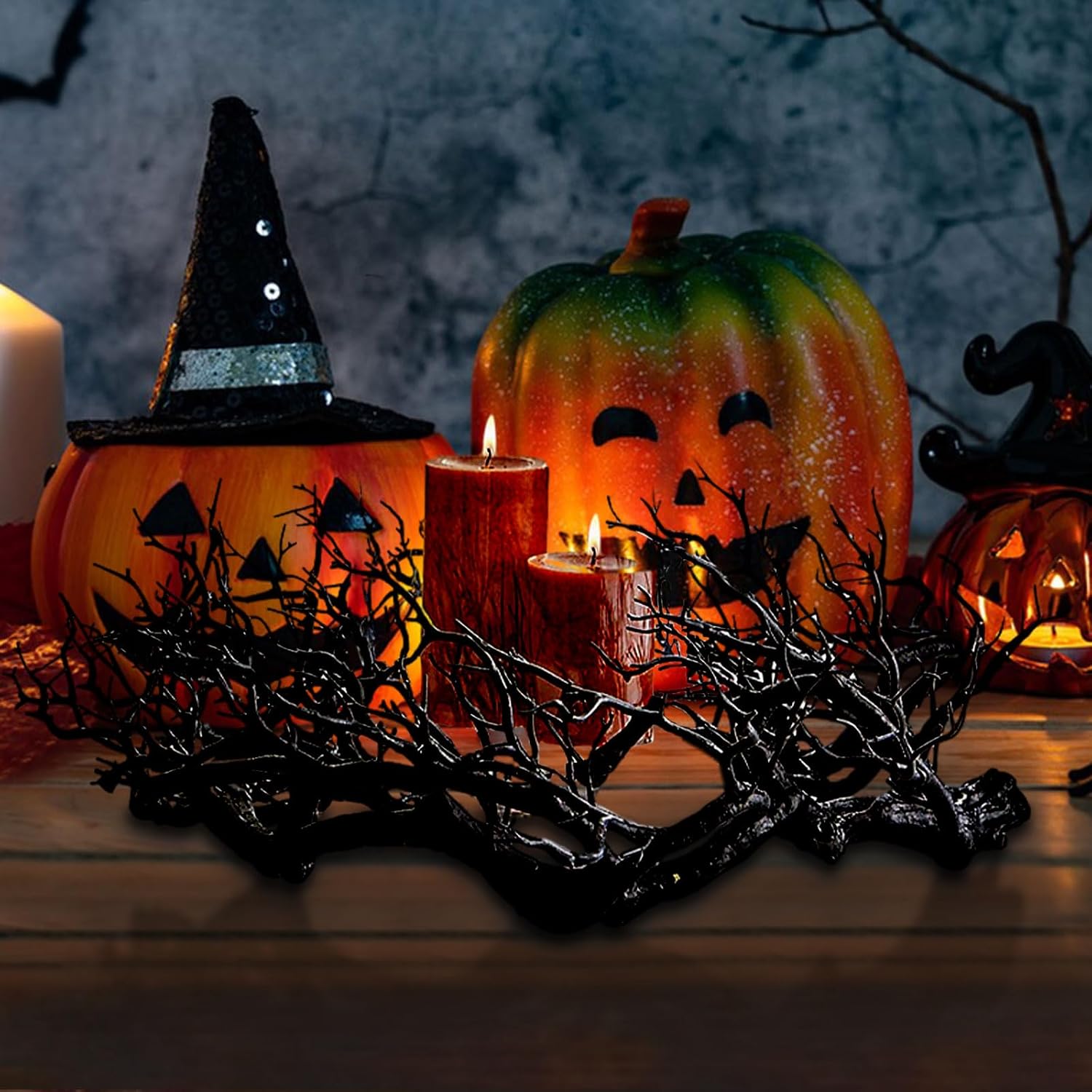 Glitter Black Branch Halloween Wreath with Red Lights