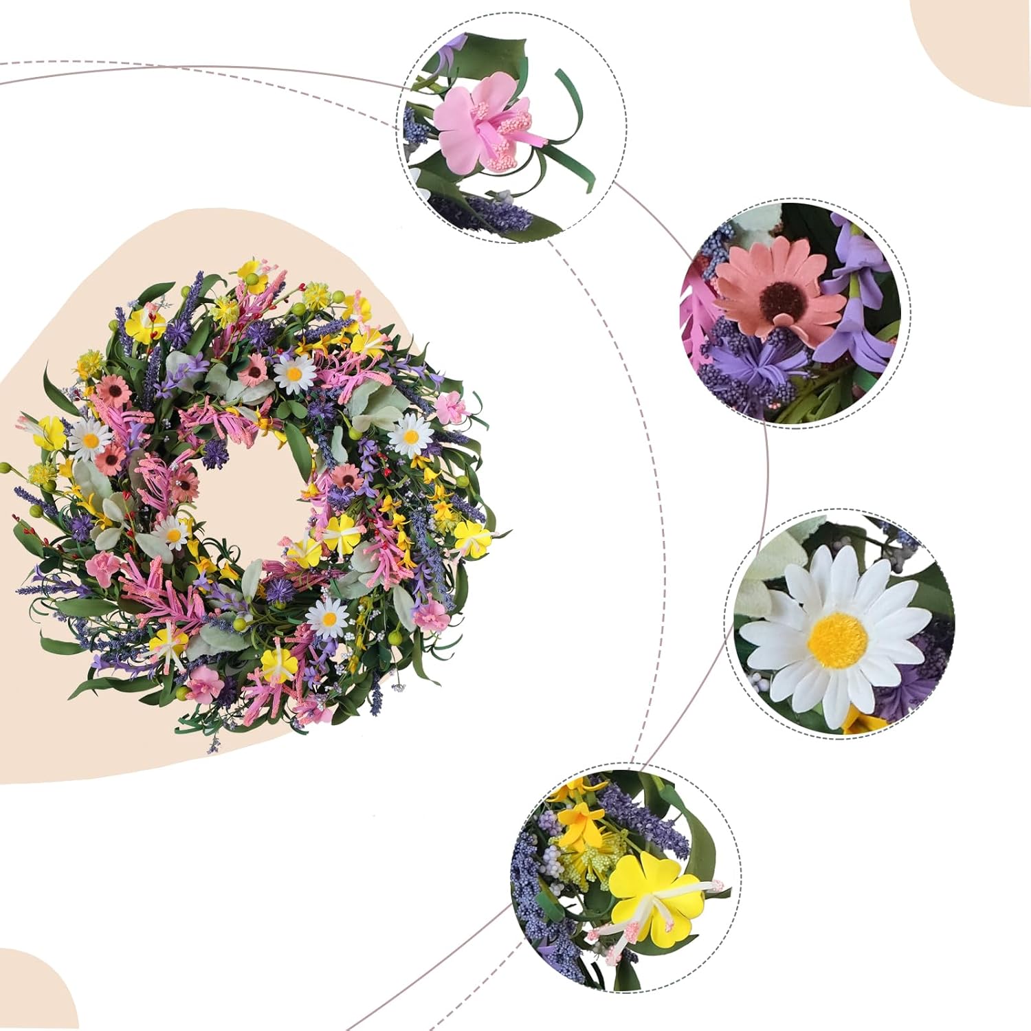 Bibelot Spring Wreath for Front Door 22 Inch Artificial Floral Decor with Daisy Lavender and Wildflowers