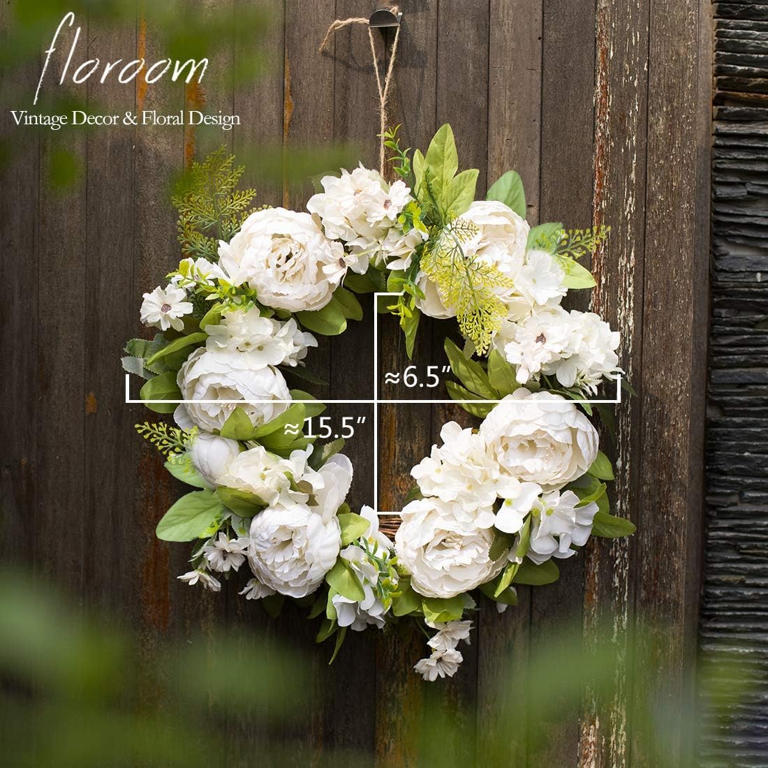 Floroom Artificial White Peony Wreath 15-16 Inches