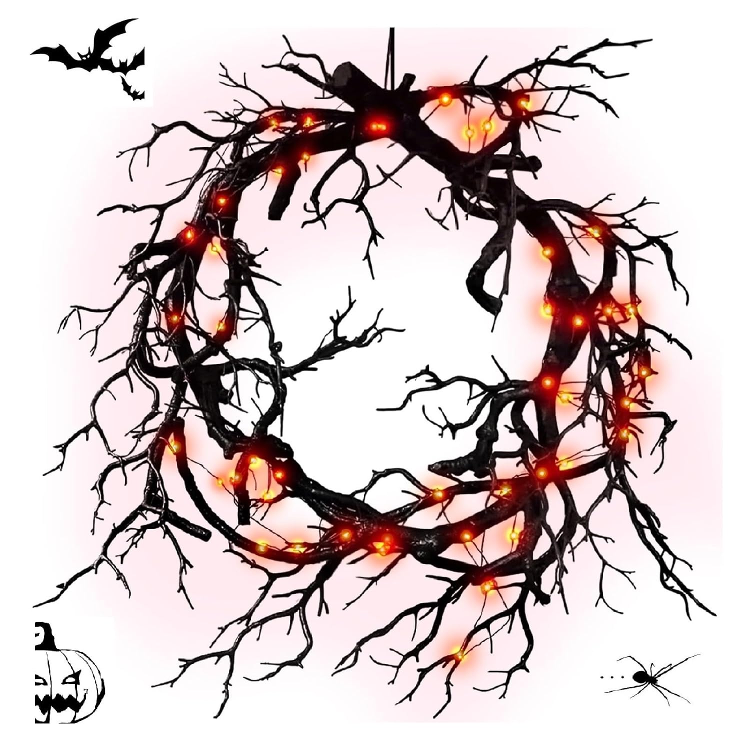 Glitter Black Branch Halloween Wreath with Red Lights