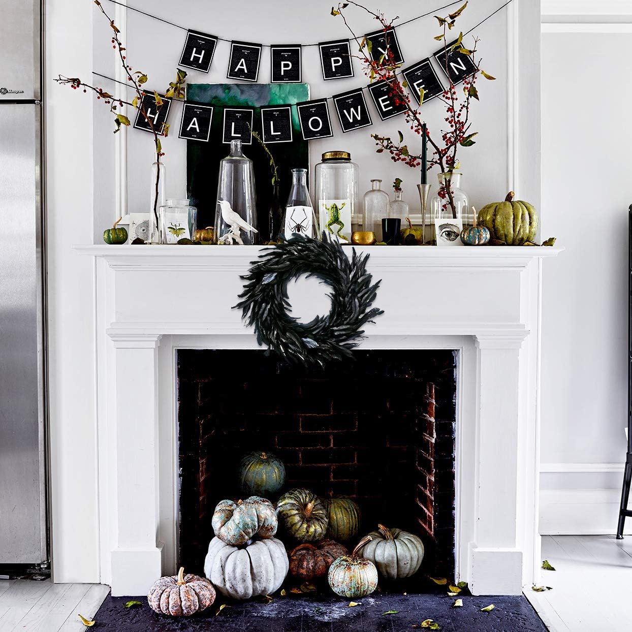 MOVINPE Black Feather Wreath - 15 Inch Halloween Decor Prop