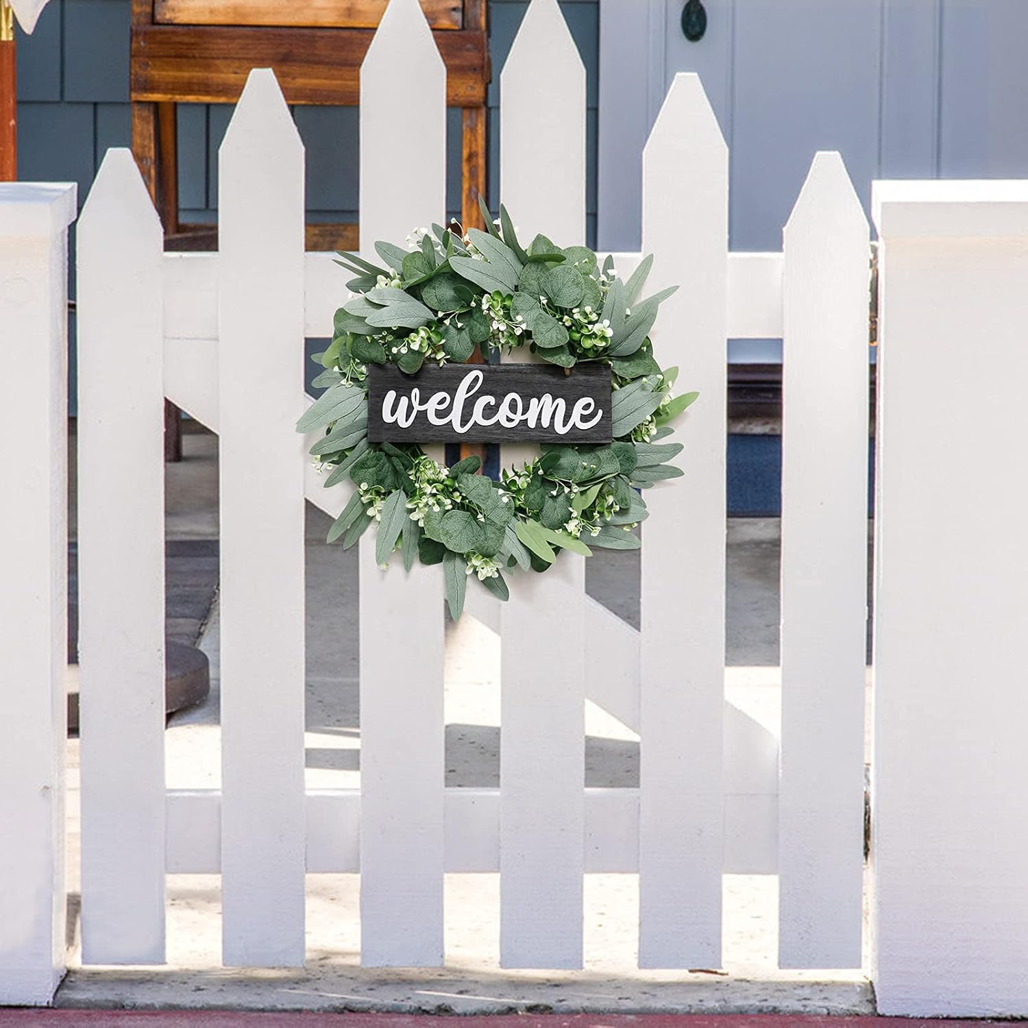 Dremisland 18 inch Green Eucalyptus Wreath - Farmhouse Welcome Sign