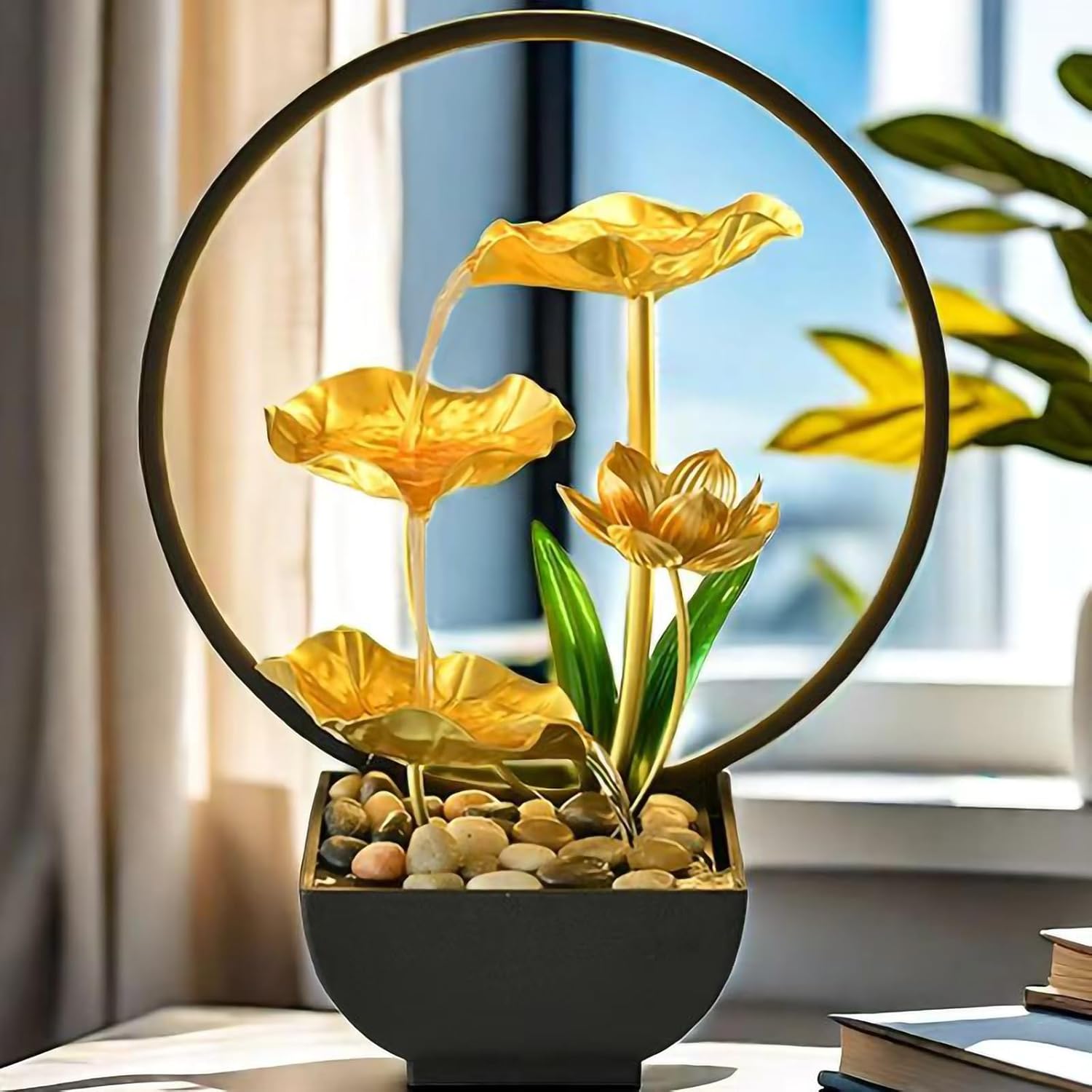 Gold Lotus Waterfall Fountain with LED Light USB Powered Tabletop Zen Fountain