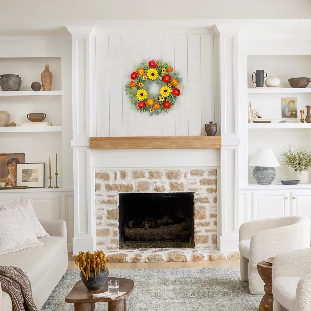 Hollyone 20 Inch Artificial Spring Wreath with Sunflowers and Eucalyptus Leaves