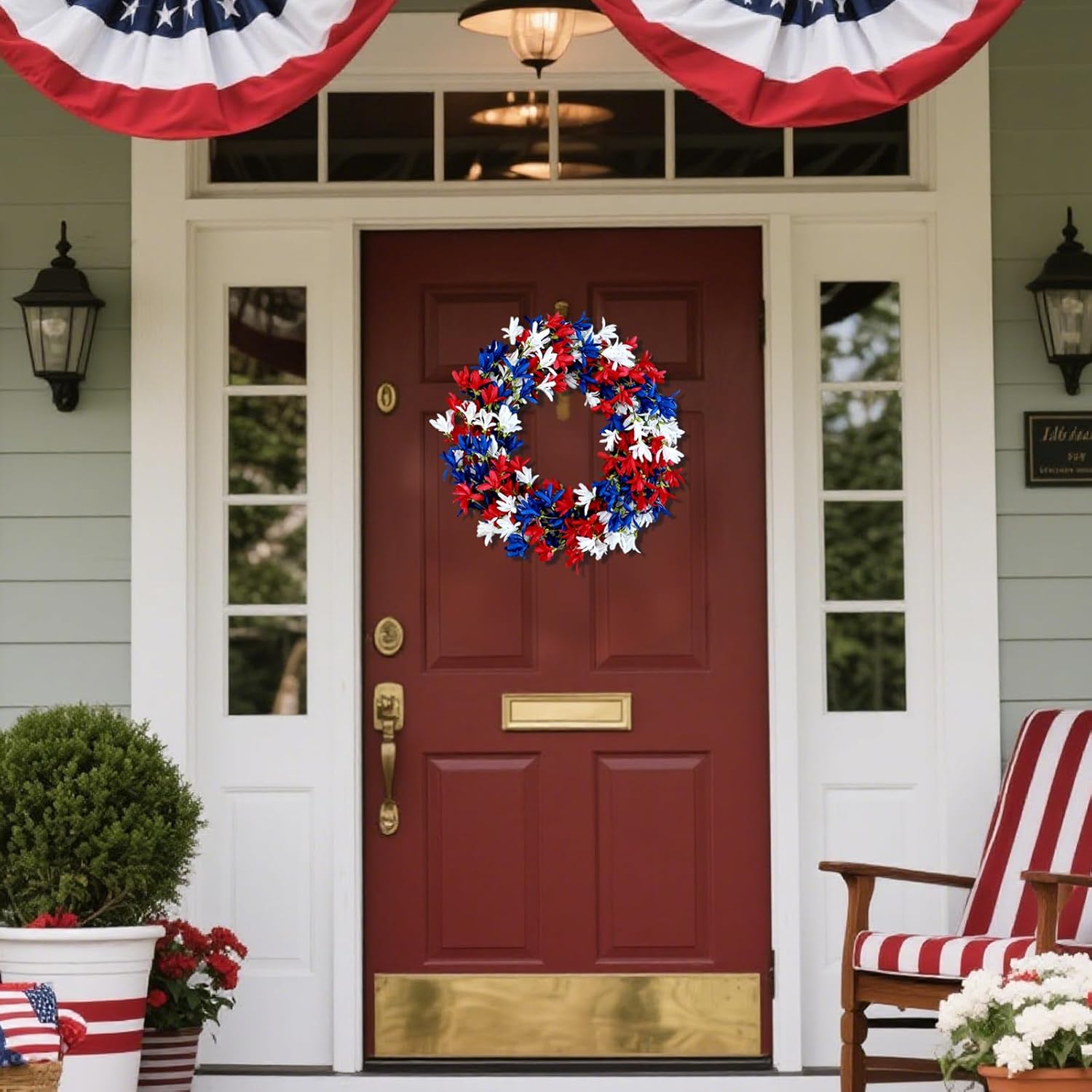 4th of July Wreath with Red White Blue Flowers for Front Door
