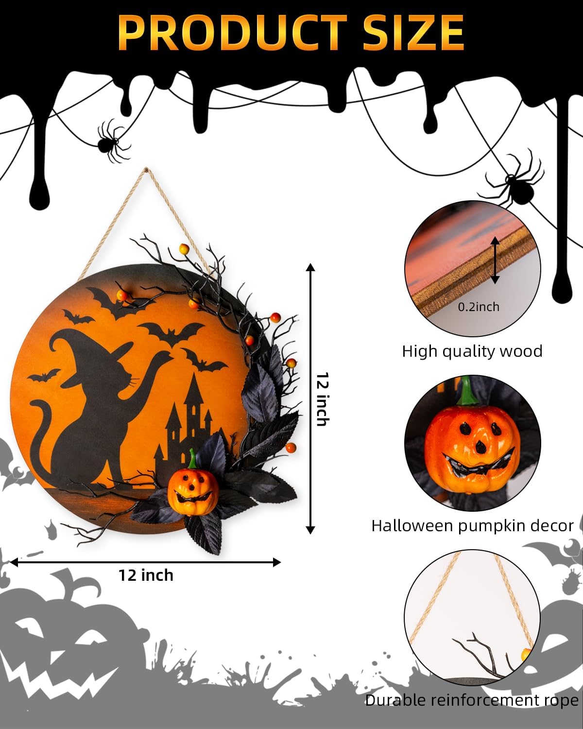 Halloween Wreath Front Door Decor 12 Inch Wood Wreath