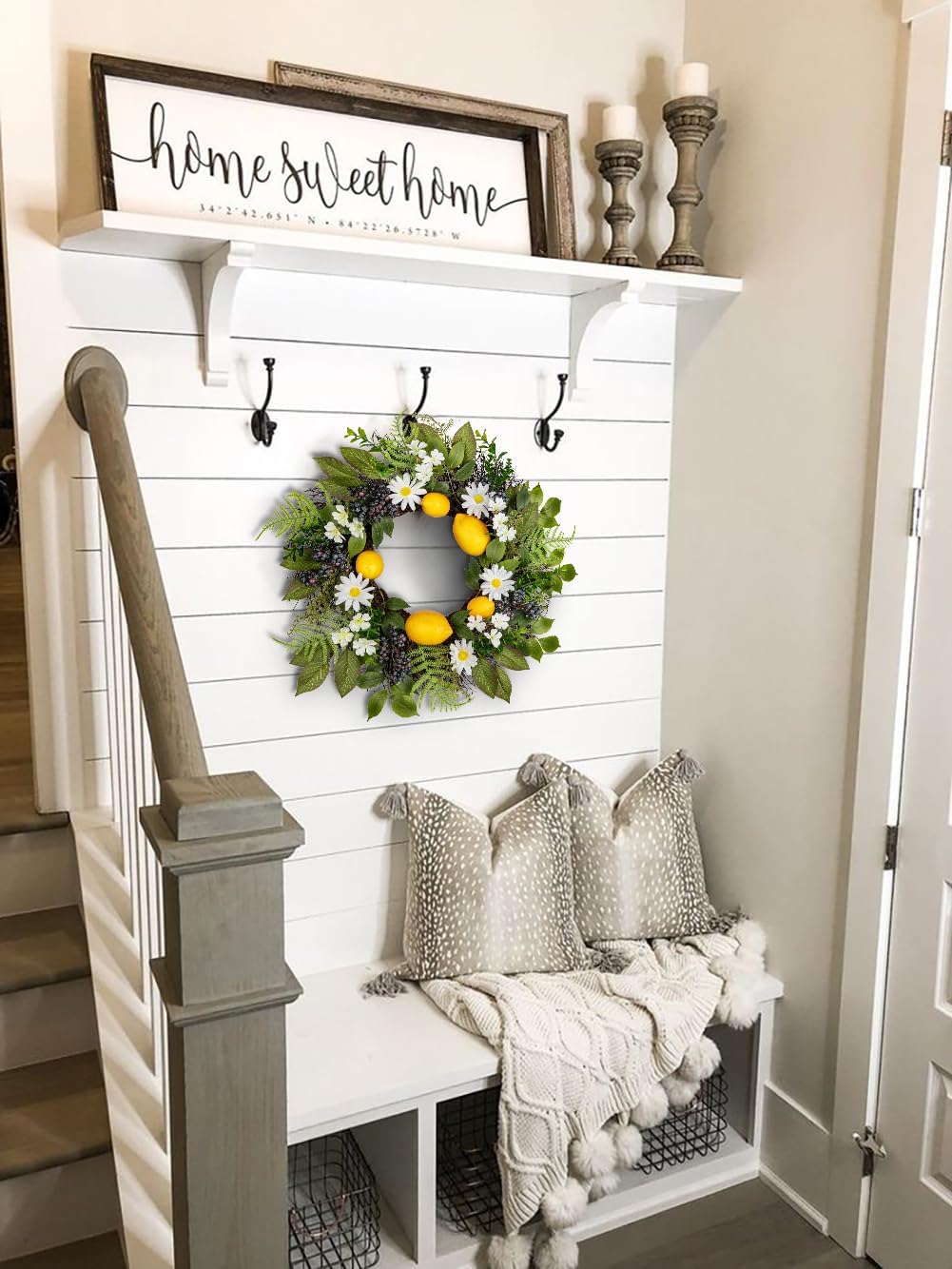 18 Inch Artificial Lemon Wreath for Front Door Summer Door Decor