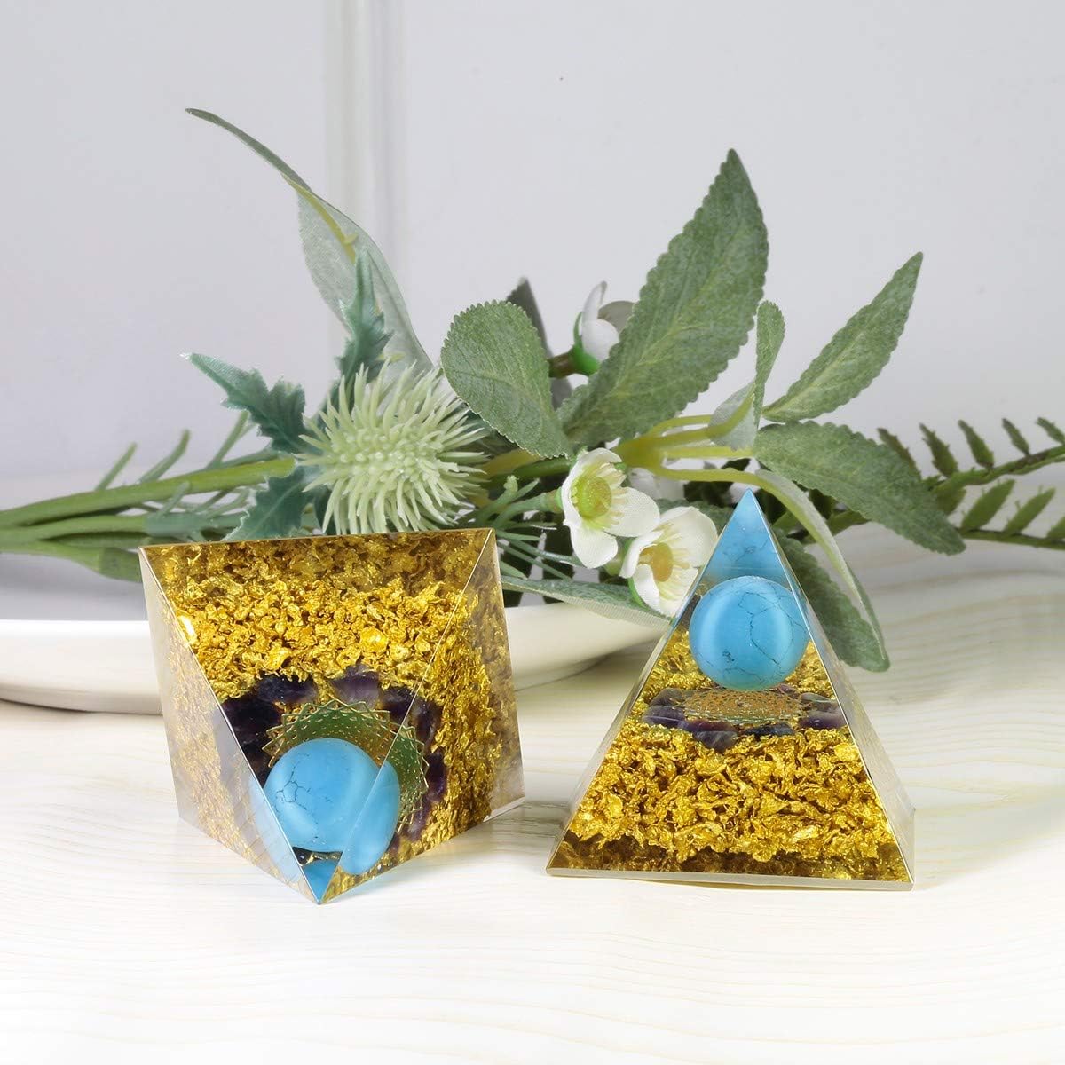 Blue Howlite Turquoise Crystal Orgone Pyramid with Amethyst and Crown Chakra Symbol