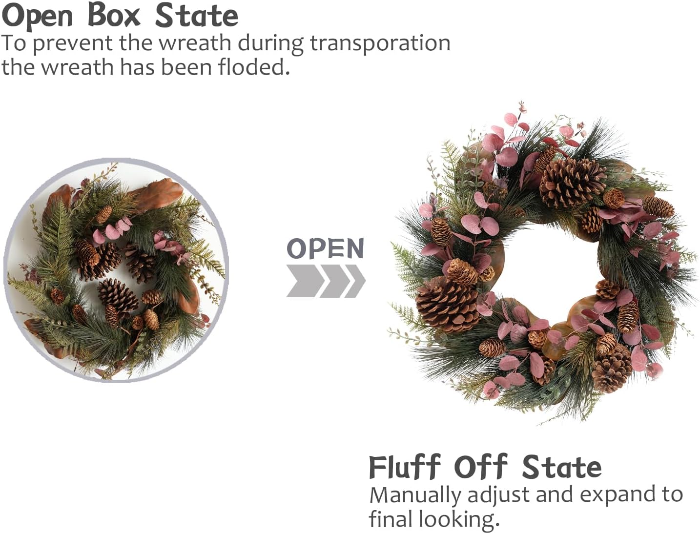 TEMPUS 20 Inch Christmas Wreath with Magnolia and Red Eucalyptus Leaves
