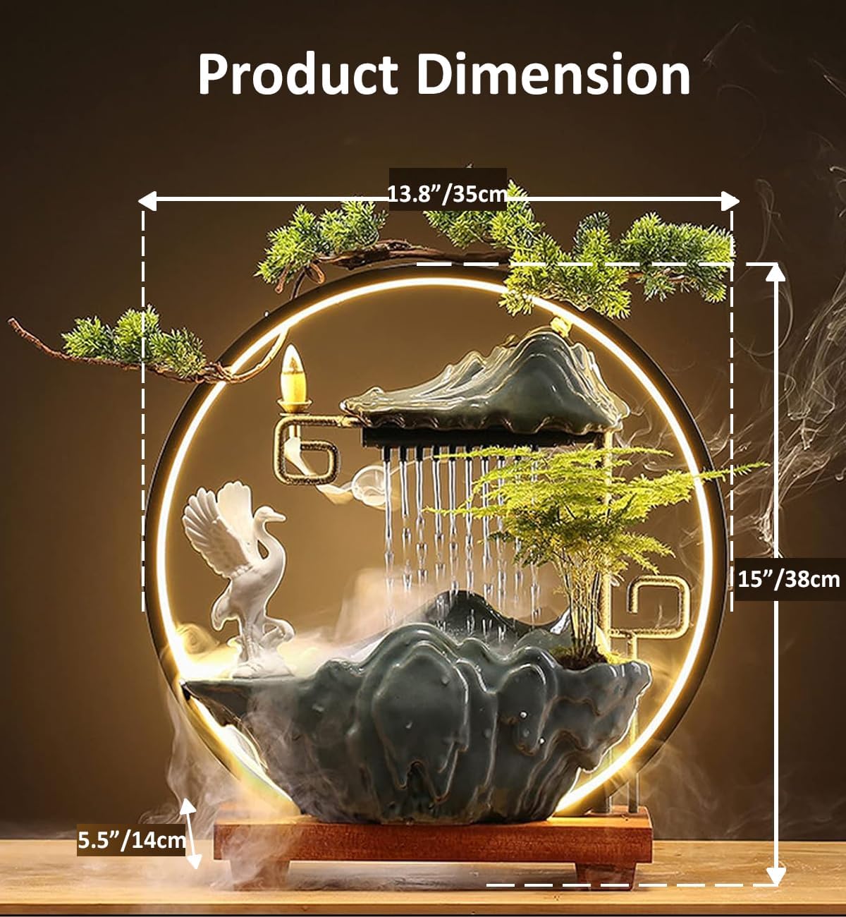 CIFUPUQU Crane Tabletop Water Fountain with Mist and LED Light