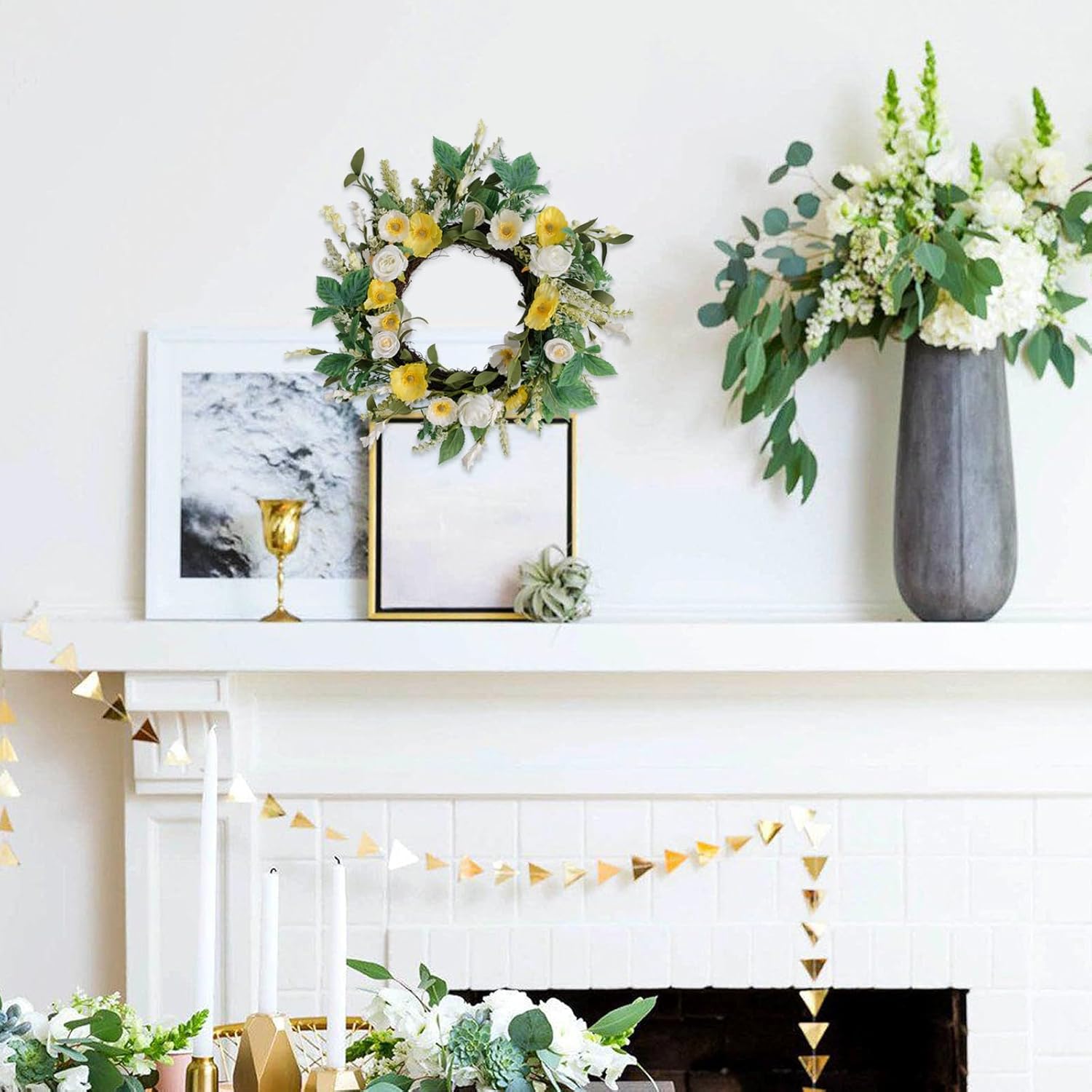 Floribus Summer Wreath Yellow Flowers with Roses Poppies Lavender 18 Inch Front Door Decor