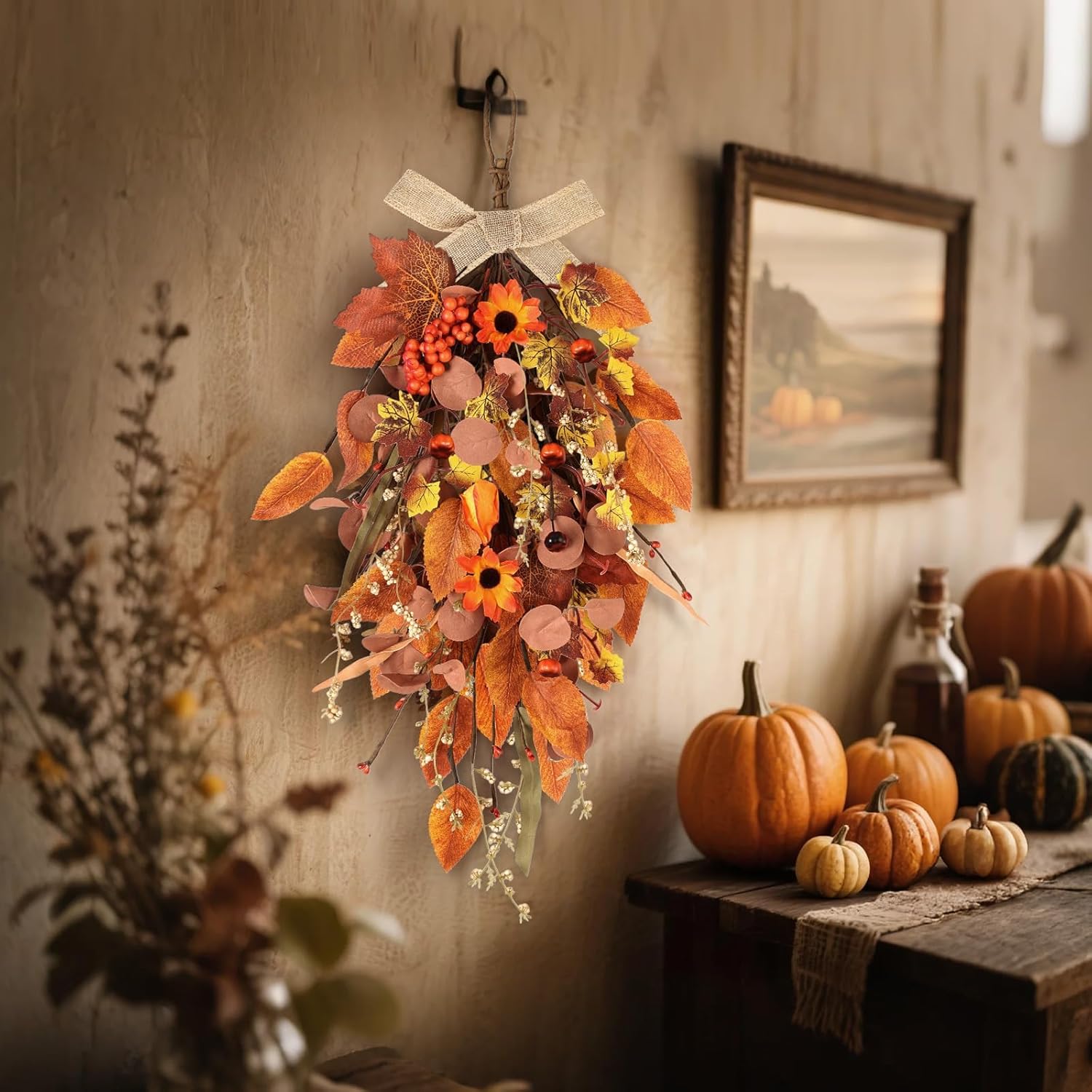 2 Pcs 24 Inch Artificial Autumn Teardrop Wreath
