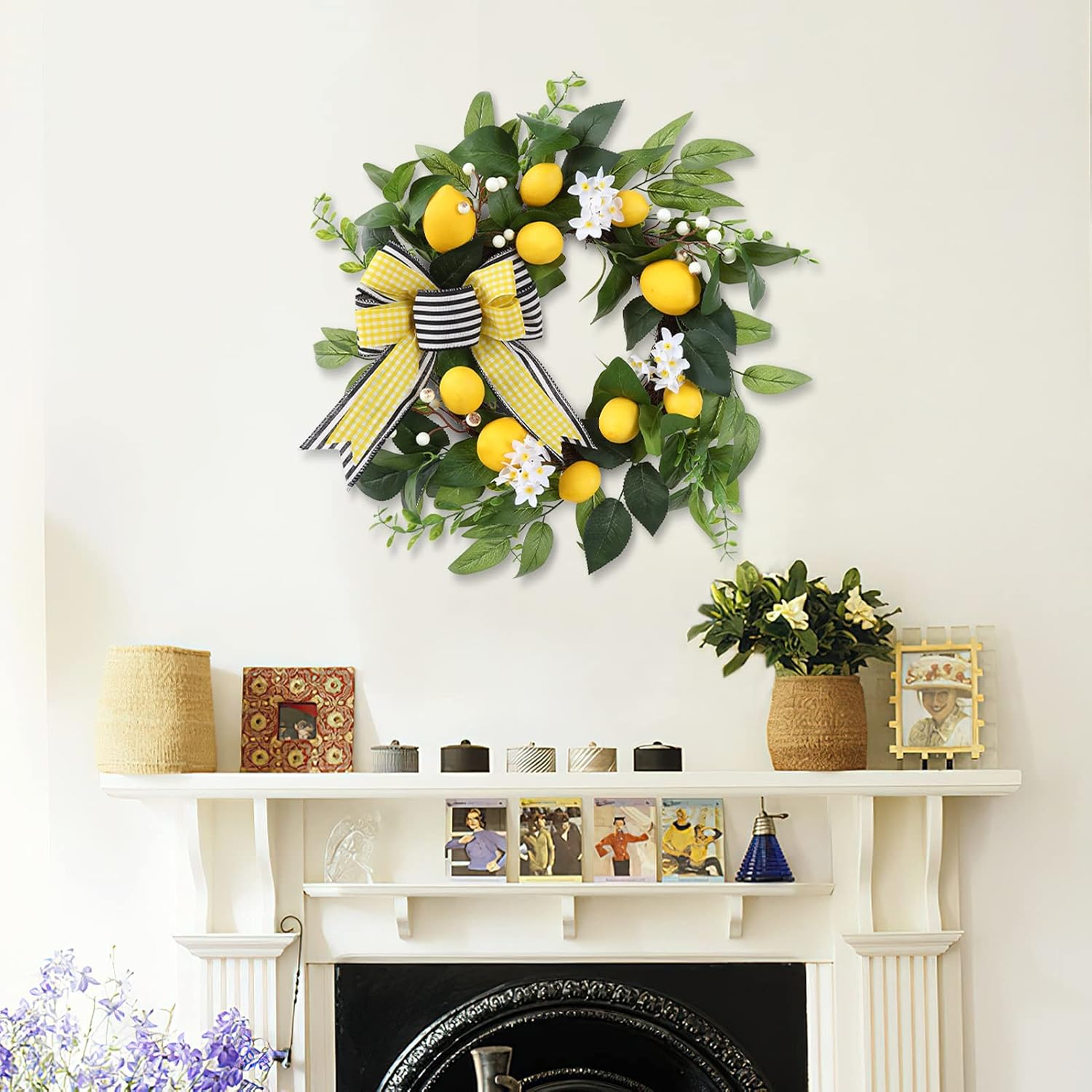 20 Inch Lemon Wreath for Front Door with Daisy Bow Eucalyptus Leaves and White Berries