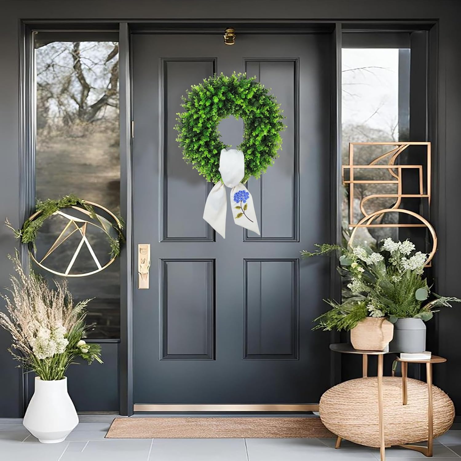 Vofuly Boxwood Wreath with Monogram Sash - 20 Inch